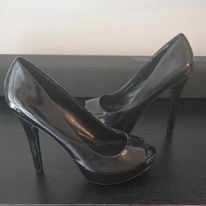 Aldo Glossy Black Peep-Toe Heels